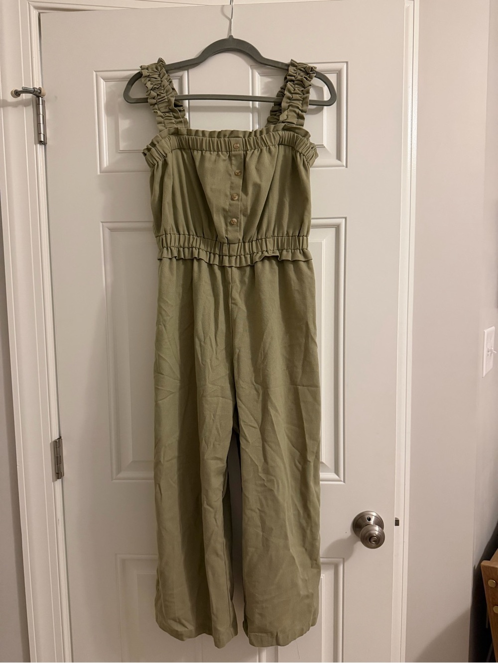 Blu Pepper Olive Green Ruffled-Strap Wide-Leg Jumpsuit